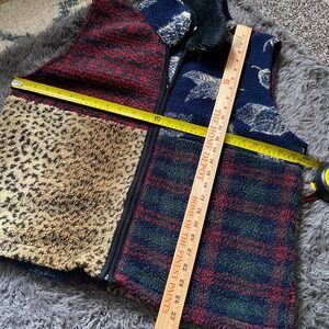 Vintage Tally Ho Women XL Patchwork Fleece Vest Faux Fur Collar multi prints